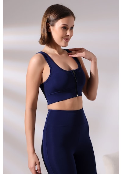EMFURE Lacivert Fermuarlı Spor Büstiyer - Sports Bra / Crop Destekli Spor Sütyeni Lacivert