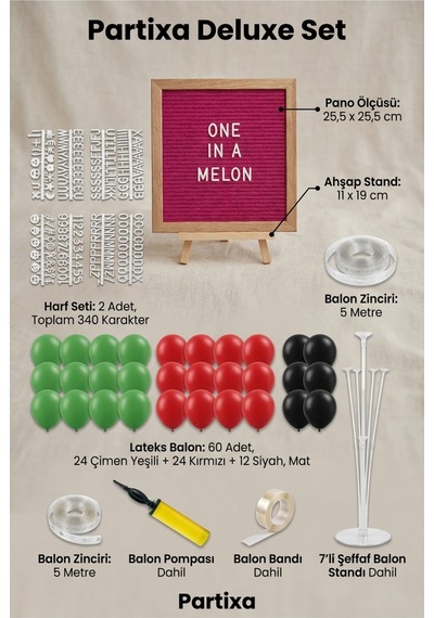 Karpuz Temalı 1 Yaş Doğum Günü Süsleme Deluxe Set Koyu Fuşya Keçe Yazı Panosu Standlı Balon Zincirli 7li Şeffaf Balon Standlı Meyve Seti