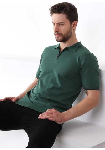 Ferraro Yeşil Polo Yaka Fermuarlı Erkek Pamuk Triko T-Shirt-Yeşil (417942963) Yeşil
