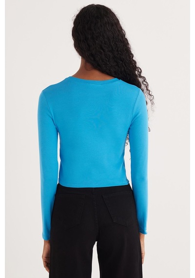 Tudors Kadın Slim Fit Pamuklu Uzun Kol Düz Bisiklet Yaka Mavi Bluz-33483