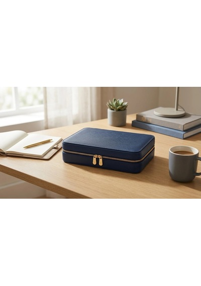 Takı Kutusu Düzenleyici Seyahat Çantası Kolye Yüzük Küpe Organizer Deri Lacivert 22cmx17cm