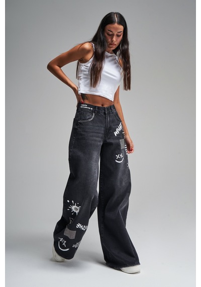 Itsbasic Kadın Koyu Füme Renk Hera Baskılı Parlak Taşlı Palazzo Fit Tasarım Denim Jean Taşlı Koyu Füme