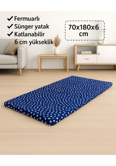 Sünger Yatak 70x180x6 Cm, Yer Yatağı,yer Minderi,şantiye,karavan,deprem Yatağı-lacivert Yıldız