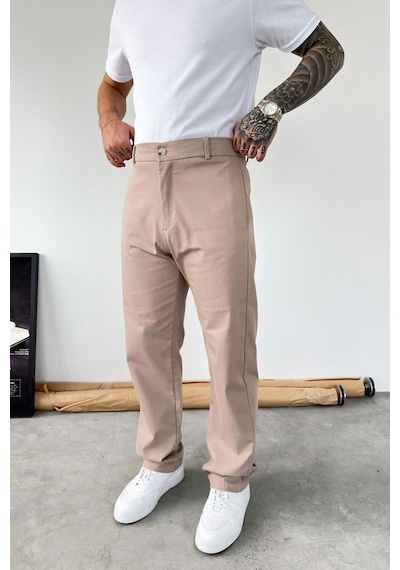 Bej Premium Dokulu Baggy Kumaş Pantolon