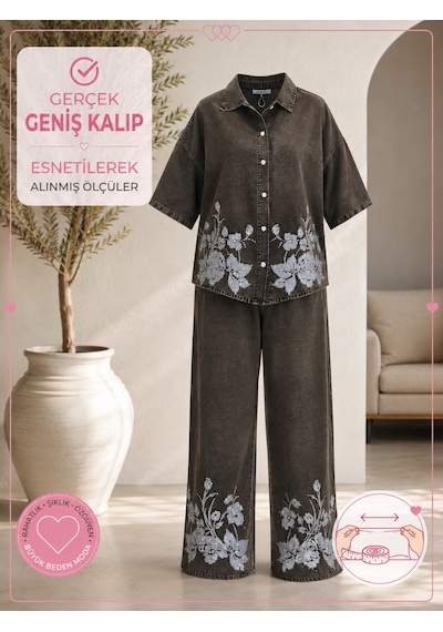 Büyük Beden Yakalı Düğmeli Kapri Kol Çiçek Desenli Bol Paça Denim Kadın İkili Takım Kahverengi