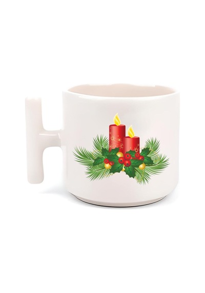 Yılbaşı Yeni Yıl Konseptli Candle Merry Christmas T Kulp Motto Kahve, Çay Fincanı Beyaz