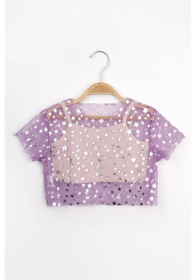 Le Mabelle Lila Yıldız Baskılı Kısa Kollu Kız Çocuk Tül Crop Lila