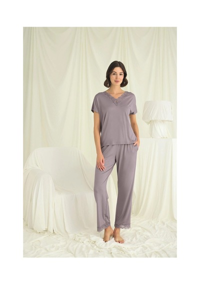 L'ombre Kısa Kollu V Yakalı Dantelli Pijama Takımı Gri