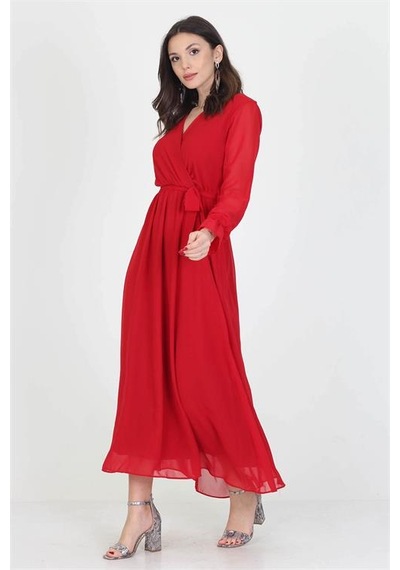 Neşeli Butik Kadın Yeni Sezon Astarlı Kruvaze Yaka Uzun Şifon Elbise Nb003 Kırmızı