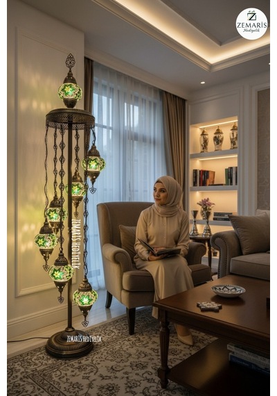 El Yapımı Otantik Mozaik Lambader 7 Li 6+1 Camlı Yeşil - 857622442 Diğer