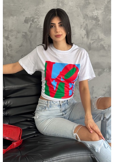 Femelle Kadın Beyaz Love Baskılı Pamuk Tişört