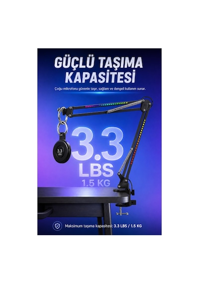 Larkin Nb39 Rgb Demir Masa Üstü Yayıncı Mikrofon Standı Boom Arm Siyah