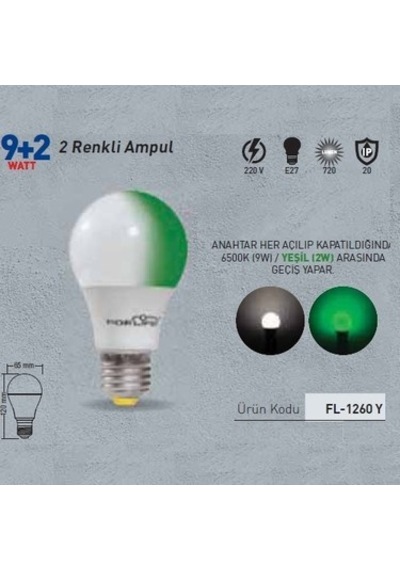 Renkli Led Ampül, Beyaz-yeşil 9+2 Watt, Modern