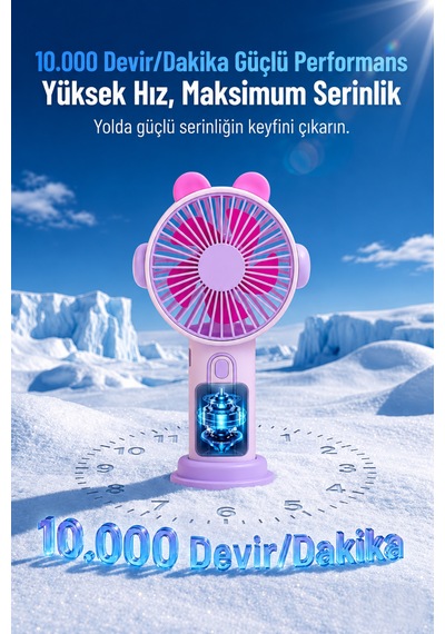 Şarjlı Taşınabilir Sevimli Kulak Tasarımlı Mini Fan 3 Kademeli Hız Telefon Standlı Vantilatör Mor