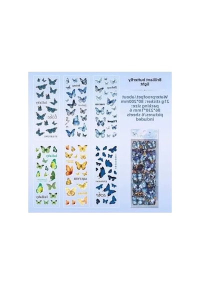 Renkli Kelebek Sticker Seti, 123 Adet, Şeffaf Açık Ahşap