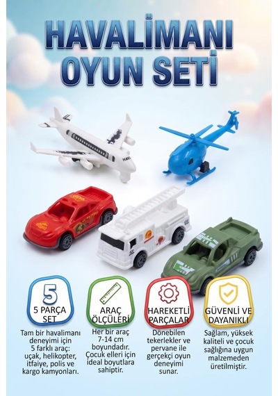 5 Li Havalimanı Ve Acil Durum Seti 7-14 Cm Çek Bırak Eğitici Ve Eğlenceli Çocuk Oyuncak Seti