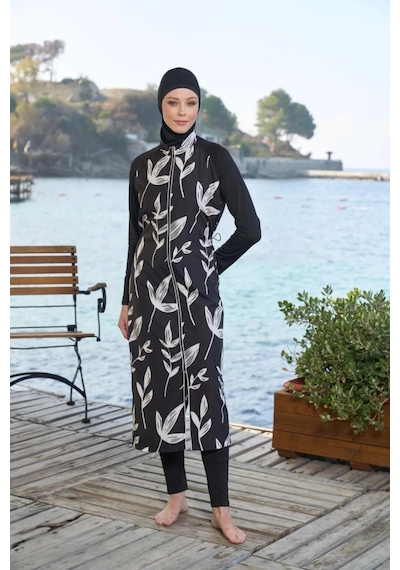 Estiva 25980 Siyah Dijital Desenli Tam Boy Lycralı Tesettür Mayo