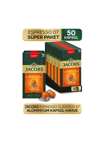Jacobs Espresso 7 Classico Nespresso Uyumlu Kapsül Kahve 10 Kapsül X 5 Adet Kapsül Kahve