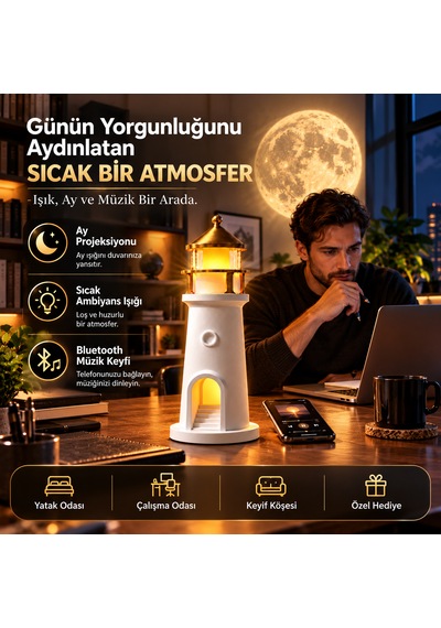 Kenly Deniz Feneri Ay Projeksiyonlu Led Gece Lambası Bluetooth Hoparlörlü Kumandalı Dimmerli 2400 Mah Şarjlı Masa Lambası Beyaz
