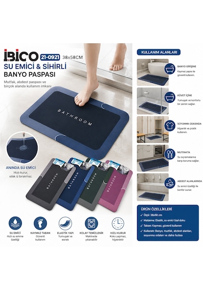 Dikdörtgen 38x58cm Su Emici - Sihirli Banyo Paspası Elastik 5668 -