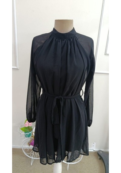 Bhrwear Kadın Uzun Kollu Yarı Balıkçı Yakalı Astar Detaylı Belden Kuşaklı Şifon Kısa Elbise Renkli