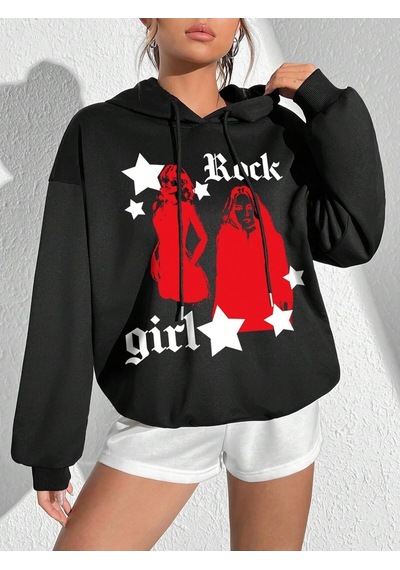 Startmore Coke Serisi Figure & Letter Graphic Drop Shoulder Drawstring Hoodie Siyah