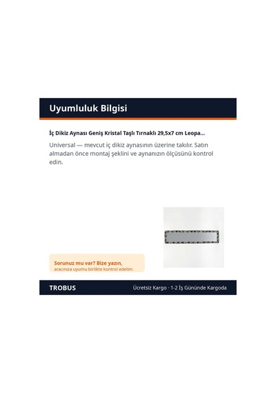 Trobus İç Dikiz Aynası Geniş Kristal Taşlı Tırnaklı 29,5x7 Cm Leopar Desenli