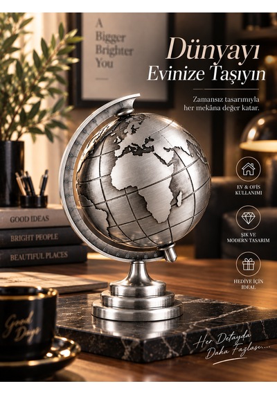 Dekoratif Metal Dünya Küresi Silver
