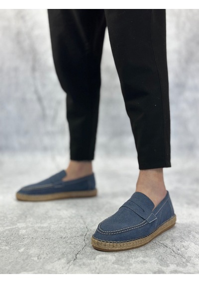 Ba0359 Boa Doğal Deri Tozu Bağcıksız Kauçuk El Yapımı Espadril Taban Mavi Renk Erkek Ayakkabı Mavi