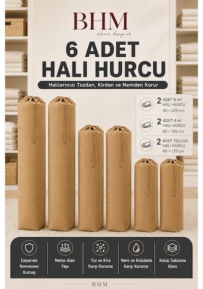 6 Adet Halı Hurcu Seti Büzgülü Halı Saklama Çantası Toz Ve Neme Karşı Koruyucu Bej