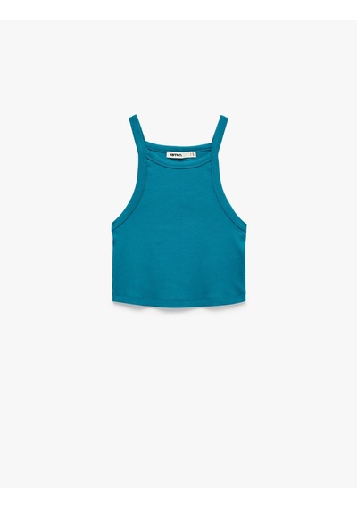 Koton Pamuklu Ribanalı Slim Fit Kolsuz Halter Yaka Crop Top Turkuaz 6sak10424ek