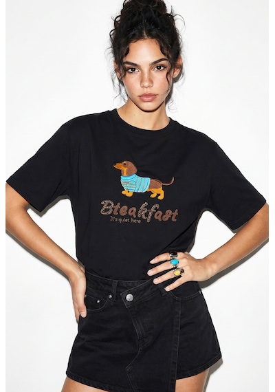Shade Kadın Bisiklet Yaka Nakış Ve Boncuk İşlemeli Oversize T-shirt 2221 60286122 - Siyah