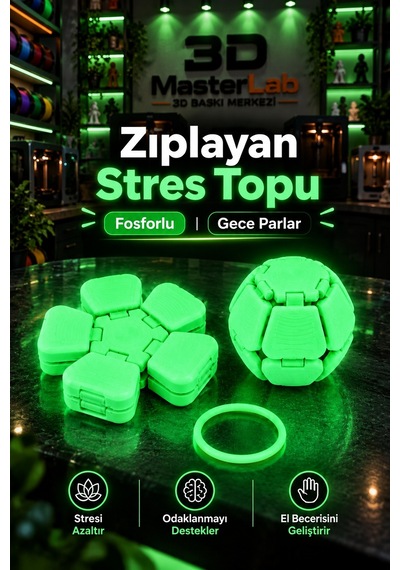 Fosforlu Gece Parlayan Zıplayan Stres Topu Clicker Stres Topu Lastik Mekanizmalı 3d Baskı Mekanik Fidget Oyuncak - Hoplaç - Zıplaç Glow