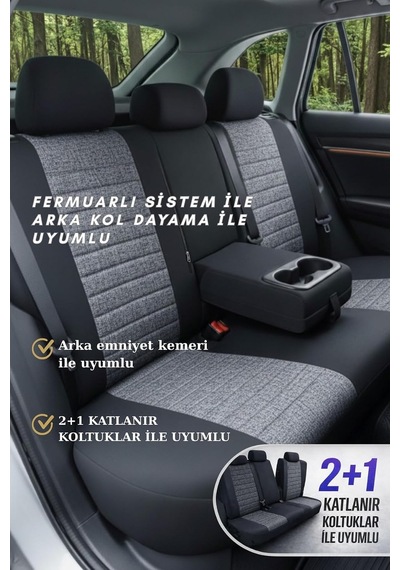 Lifos Serisi Koton Kumaş Universal Oto Koltuk Kılıfı Tam Set Gri Genel