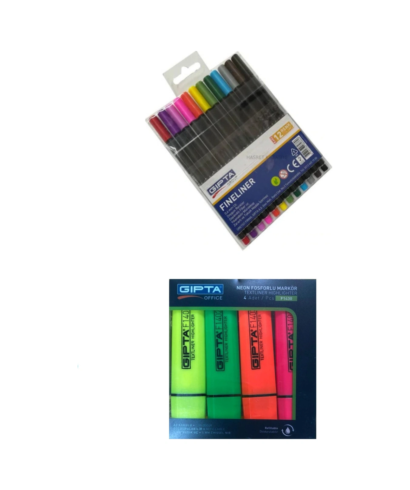 4 Renk Neon Fosforlu Kalem + 12'li Fineliner Set Karışık