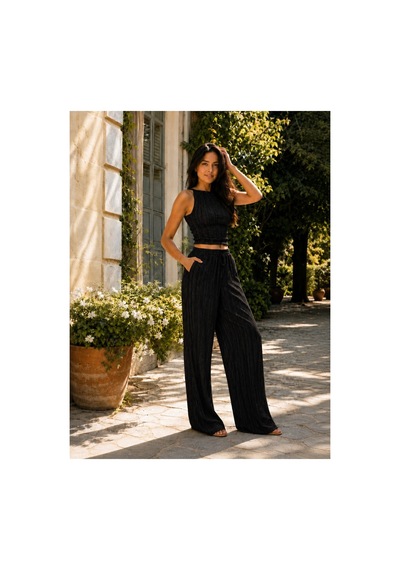 Unika Boutique Crop Pantolon Takım Kadın Şık Yazlık Fitilli SIYAH