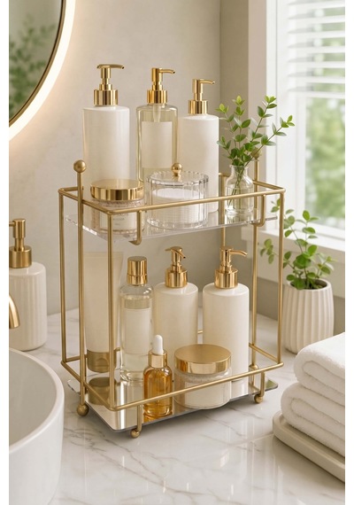 Gold 2 Katlı Banyo Organizer Tezgâh Üstü Düzenleyici Altın