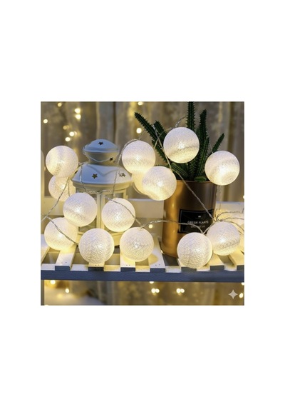 3 Metre 10 Top Cotton Ball Led Işık Zinciri - Dekoratif Pamuk Top Gece Lambası Sıcak Beyaz Sarı