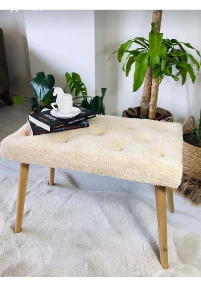 Gürgen Retro Ahşap Ayaklı Handmade Pofidik Puf Bench Koltuk Krem