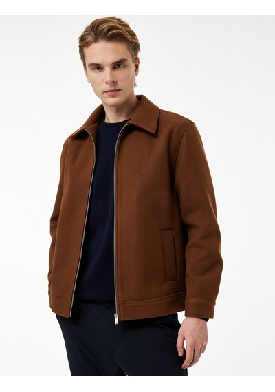 Koton Regular Fit Cepli Gömlek Yaka Fermuarlı Kaşe Ceket Kahverengi 6wam20057hk