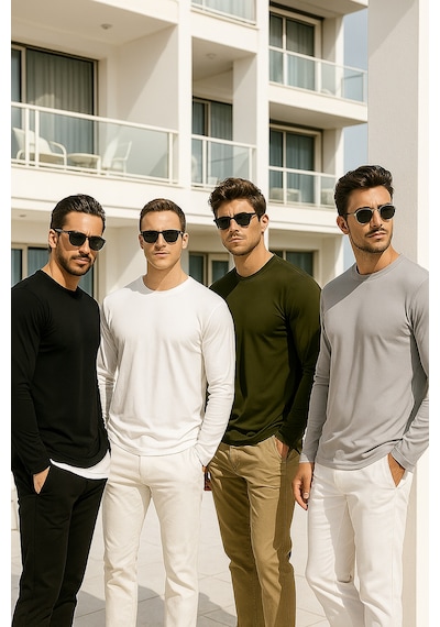 Rich Erkek Siyah-beyaz-grimelanj-haki 4'lü Paket Basic Uzun Kollu Tişört Body T-shirt Siyah