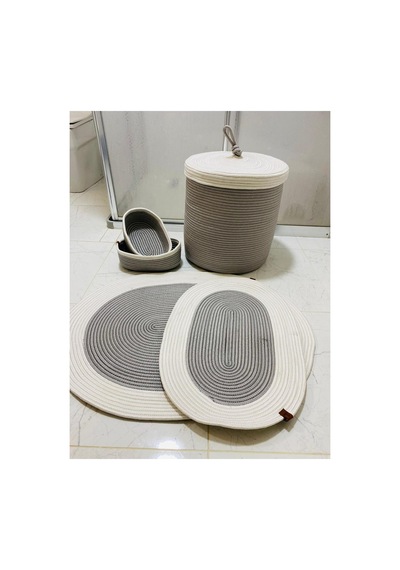 Jüt,hasır,5 Lı,banyo Paspas Takımı,bohem Tarzı Banyo Takımı,iskandinav Paspas/sepet35x40 Gri Krem Gri Krem