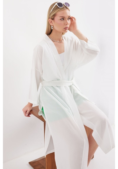 Bigdart 5835 Yırtmaçlı Yazlık Kimono - Beyaz 001
