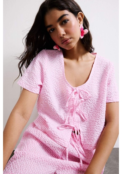 Defacto Regular Fıt V Yaka Kırışık Dokulu Kumaş Kısa Kollu Pembe Bluz F1009ax26smpn583 Pembe-pn583