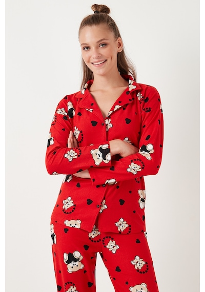 Lela Streç Standart Fit Desenli Bayan Pijama Takımı 60956602 Kırmızı