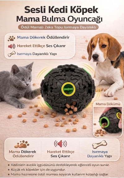 Sesli Kedi Köpek Ödül Maması Bulma Topu Zeka Topu - Siyah Renk
