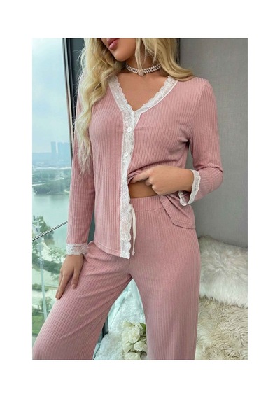 Merry See Ribanalı Dantel Detay İki Parça Pijama Takım Pembe
