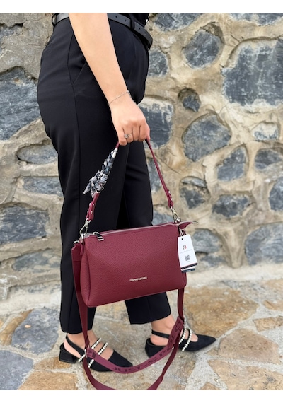 Kadın Orijinal Just Polo Yumuşak Deri Şal Detaylı Ayarlanabilir Askılı El Ve Omuz Çantası Shopper Bordo