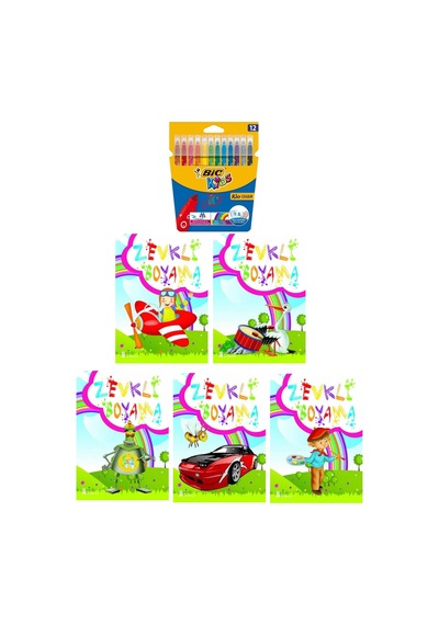 3-6 Yaş Zevkli Boyama Kitapları 5 Li +Bic Kids 12 Li Keçeli Boya
