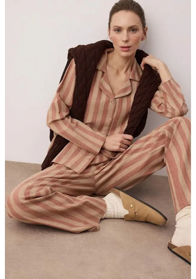Gül Kurusu-ekru Pamuklu Kalın/kışlık Çizgili Flanel Dokuma Pijama Takımı Çok Renkli